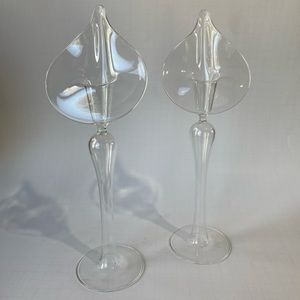 Vintage hand blown Calla Lilly glass candle holders clear Jack in the Pulpit S/2
